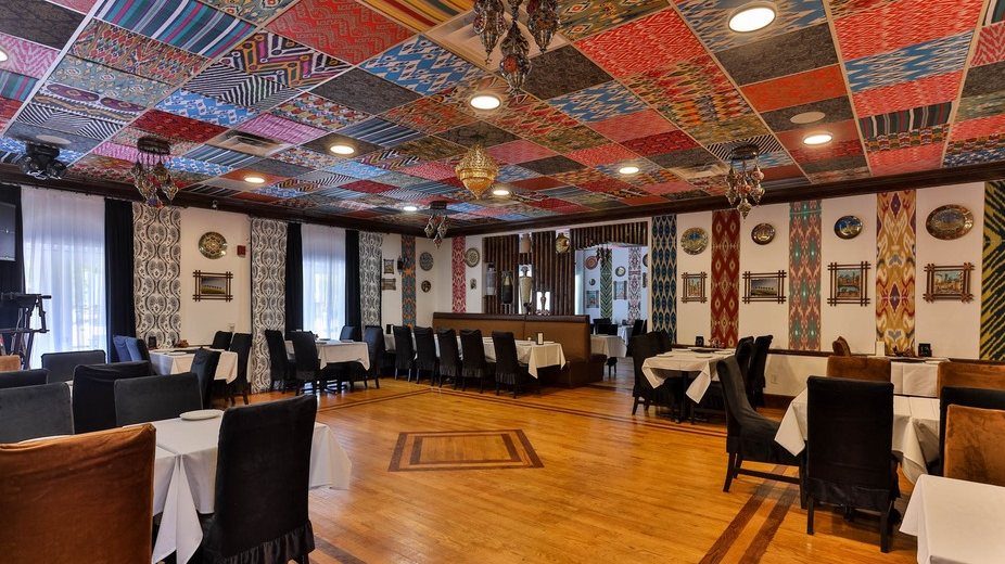 The ikat-covered dining hall at Old Bukhara